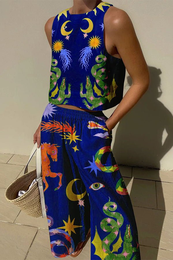 Mariele Leinenmix-Set mit einzigartigem Print: Ärmelloses Top und Hose mit Gummibund und Taschen - Sopheria