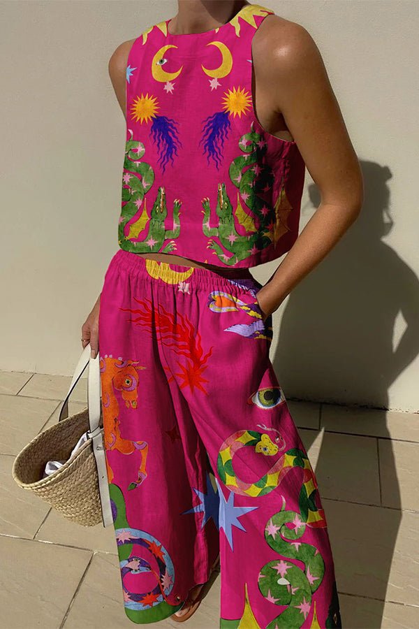 Mariele Leinenmix-Set mit einzigartigem Print: Ärmelloses Top und Hose mit Gummibund und Taschen - Sopheria