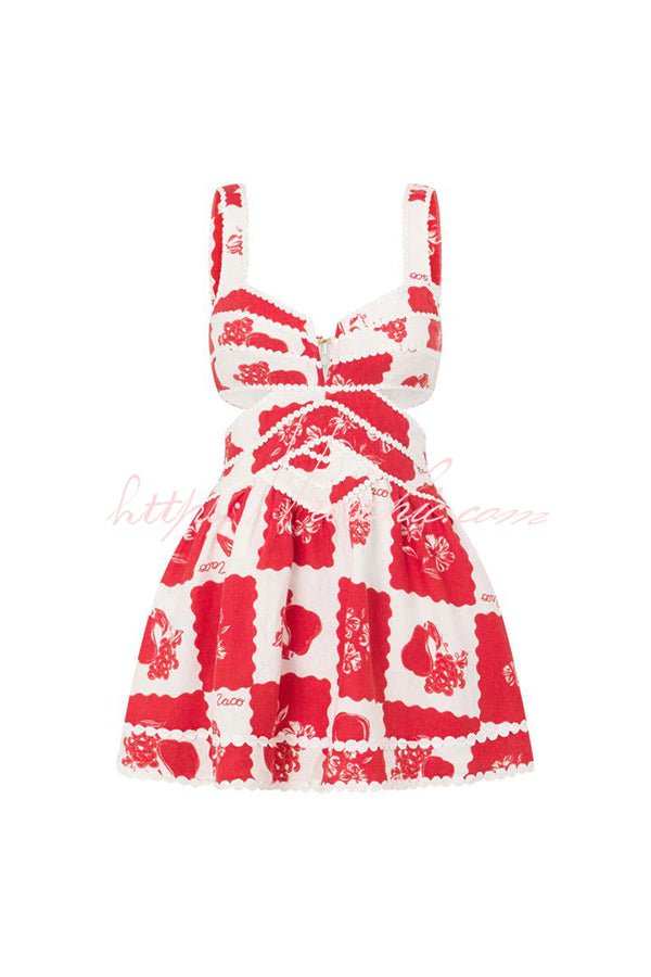 Melina Leinen-Minikleid mit einzigartigem Print, Zierborten, Cut-Outs und Taschen - Sopheria
