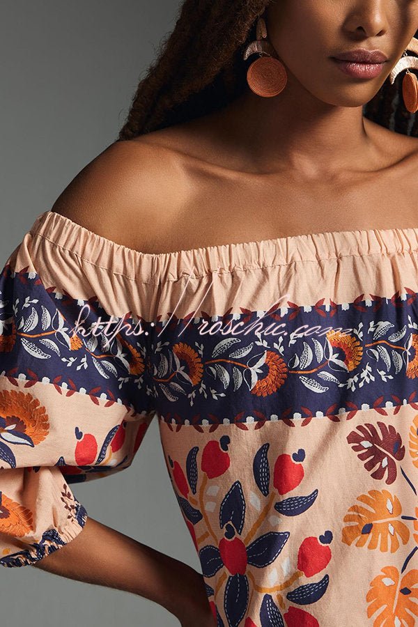 Renate Schulterfreies, fließendes Midikleid mit Taschen und Insel-Print - Sopheria