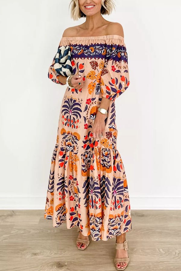 Renate Schulterfreies, fließendes Midikleid mit Taschen und Insel-Print - Sopheria