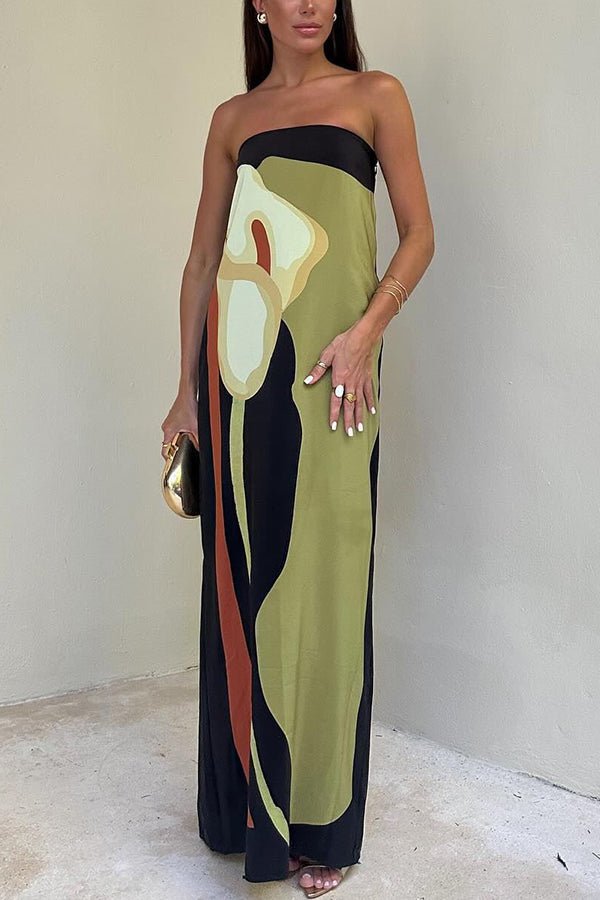 Rosalinde Schulterfreies Maxikleid mit abstraktem Blumenmuster und elastischem Bund – Lockerer Urlaubsstil - Sopheria
