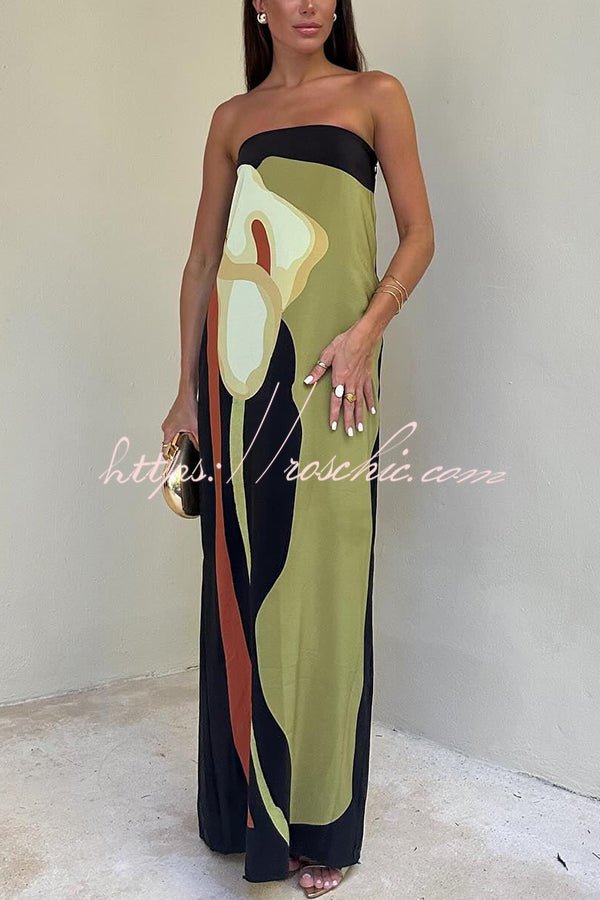 Rosalinde Schulterfreies Maxikleid mit abstraktem Blumenmuster und elastischem Bund – Lockerer Urlaubsstil - Sopheria