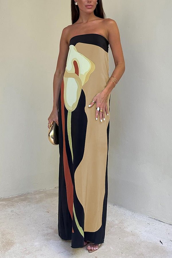 Rosalinde Schulterfreies Maxikleid mit abstraktem Blumenmuster und elastischem Bund – Lockerer Urlaubsstil - Sopheria