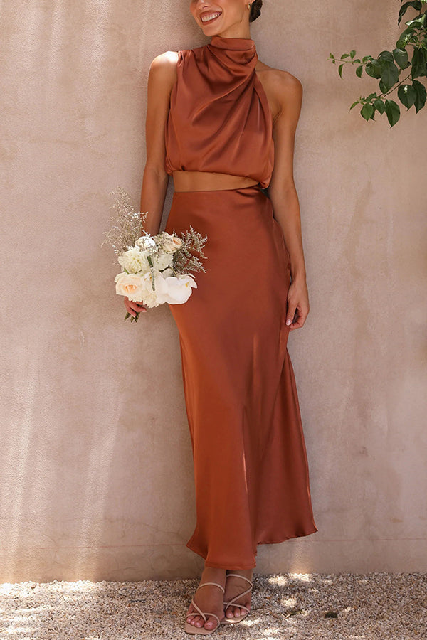 Franziska High-Neck Satin-Maxirock-Set mit Drapierung