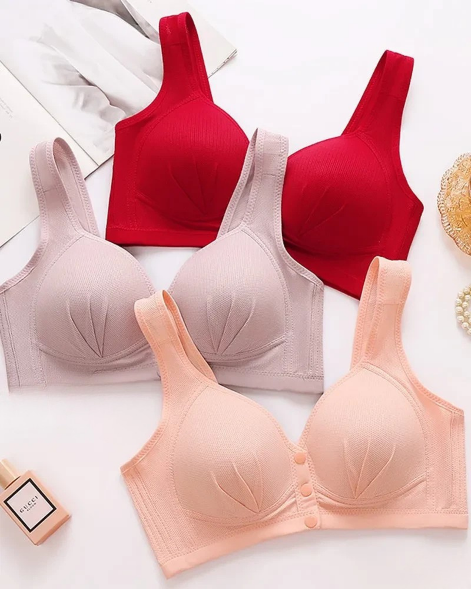 Majxx - Wireless Lifting Bra with Button Front and Ruched Push Up Design