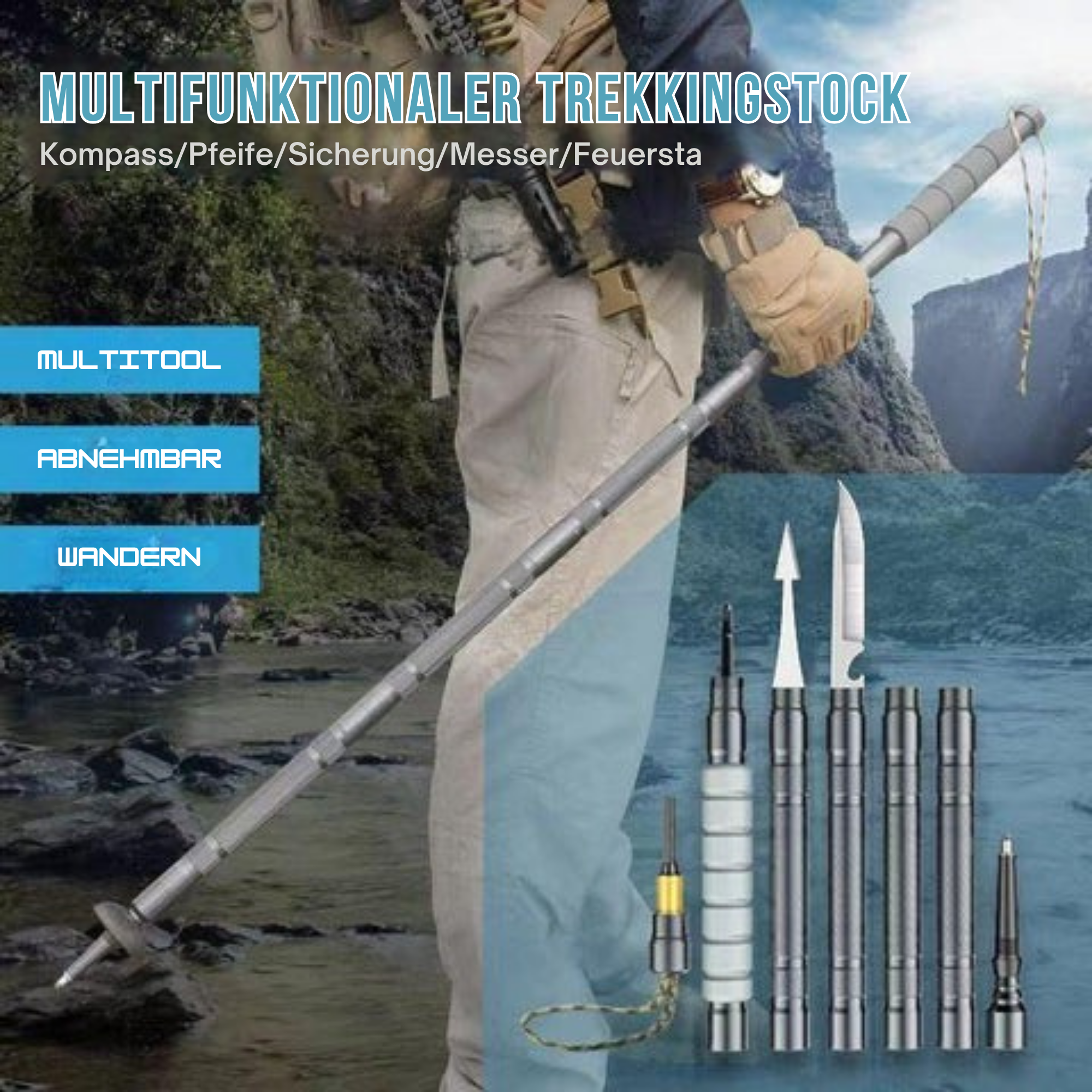 TrailKraft – Survival Wanderstock mit Werkzeug