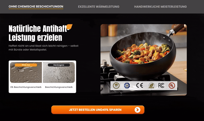 Ironova - 100% reiner Gusseisen-Wok, unbeschichtet und natürlich Antihaft