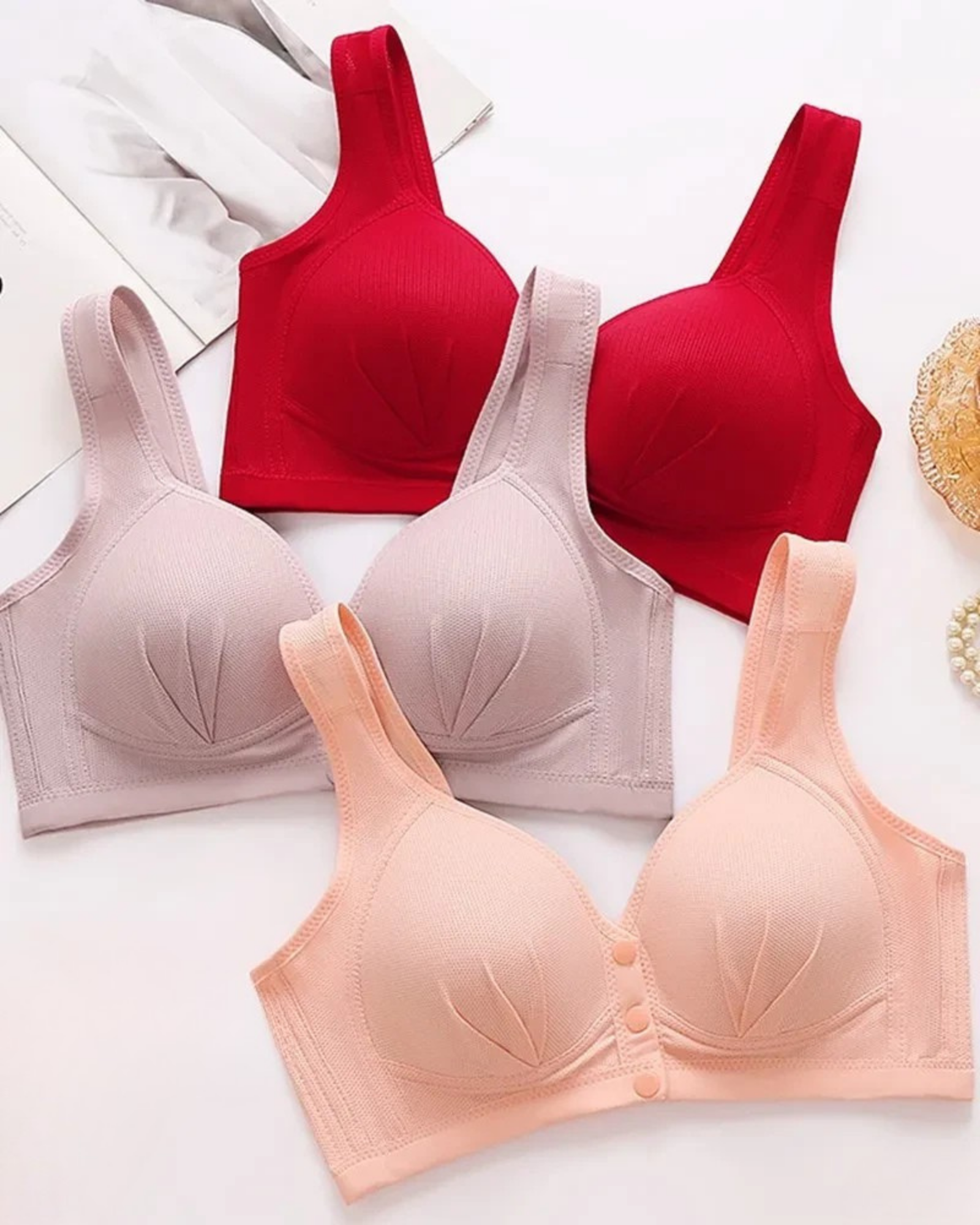 Majxx - Wireless Lifting Bra with Button Front and Ruched Push Up Design