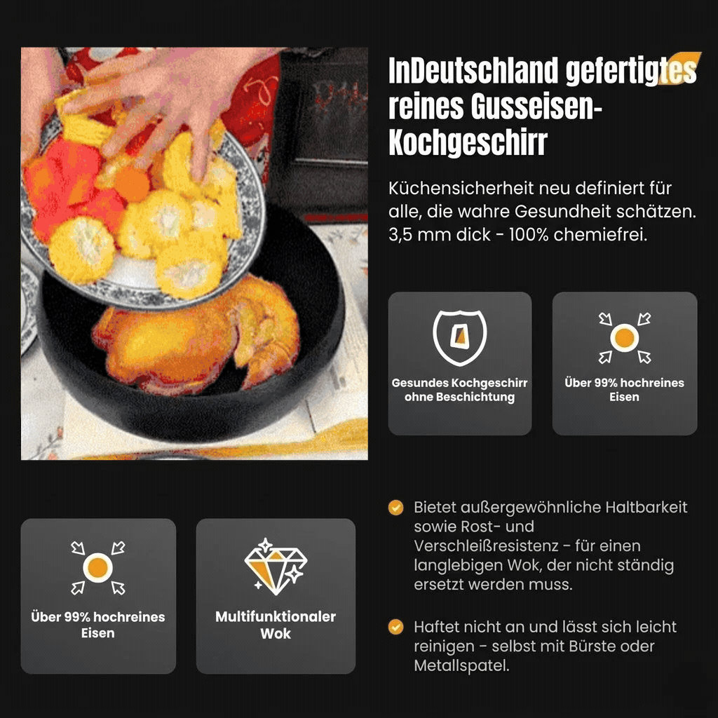 Ironova - 100% reiner Gusseisen-Wok, unbeschichtet und natürlich Antihaft