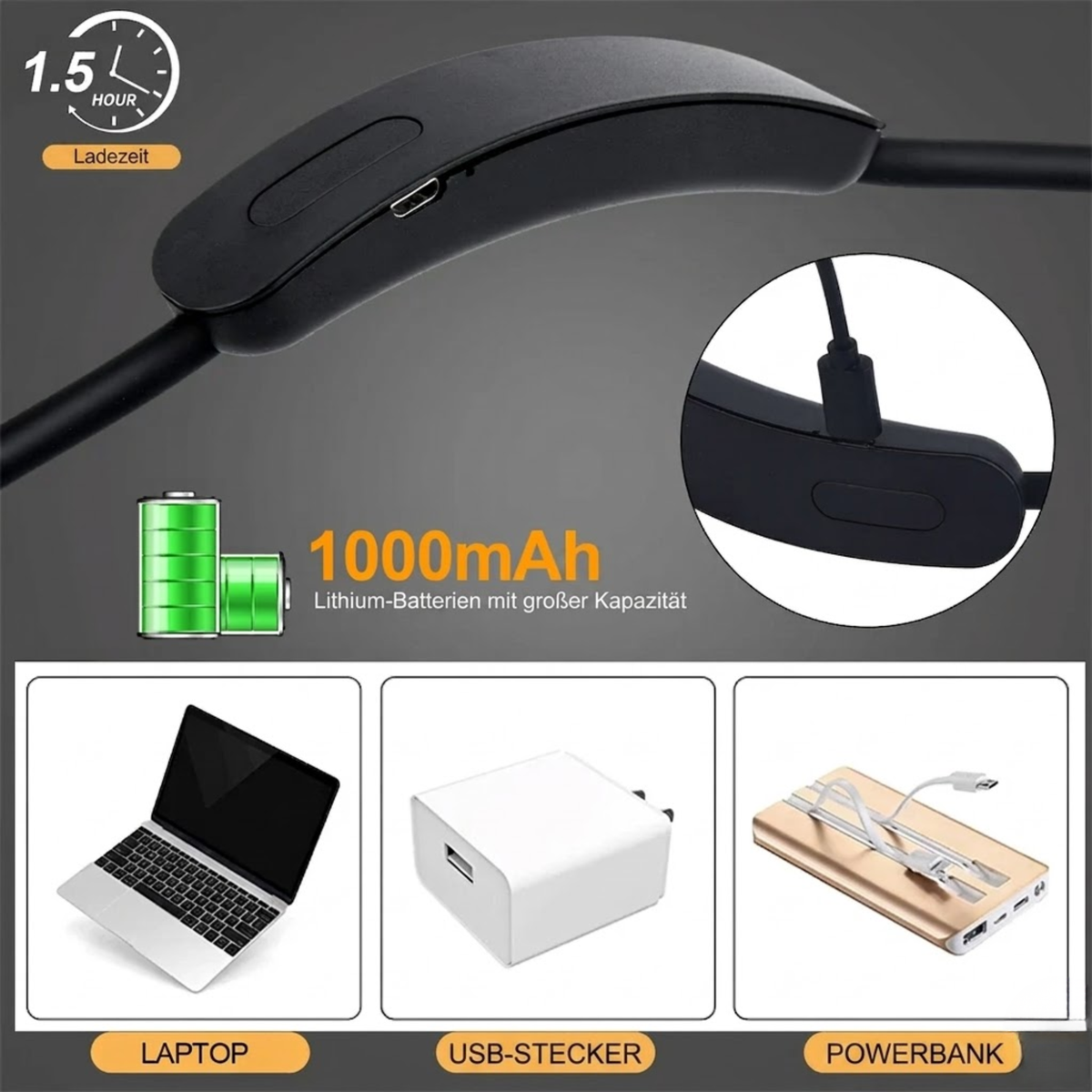 LED Nackenlampe | USB wiederaufladbar | 3 Lichtfarben & Stufenlos dimmbar | Flexibel & Tragbar – CozyCraft