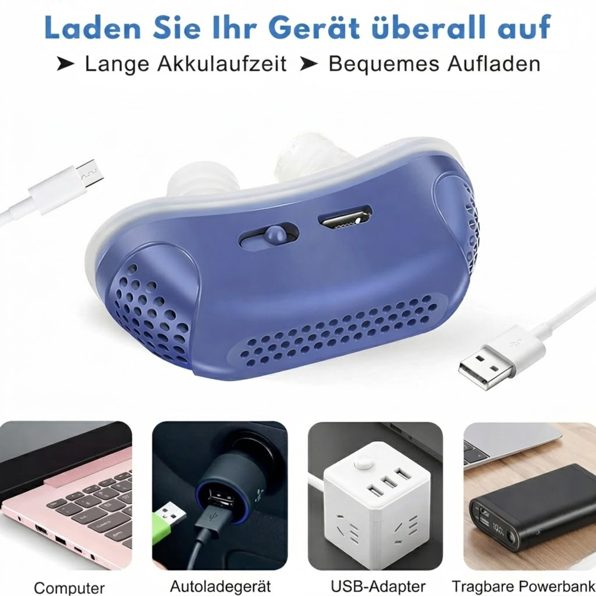 Anti-Schnarch Nasengerät mit Luftstrom | Kompakte Atemhilfe ohne Maske | USB-aufladbar | BioLux
