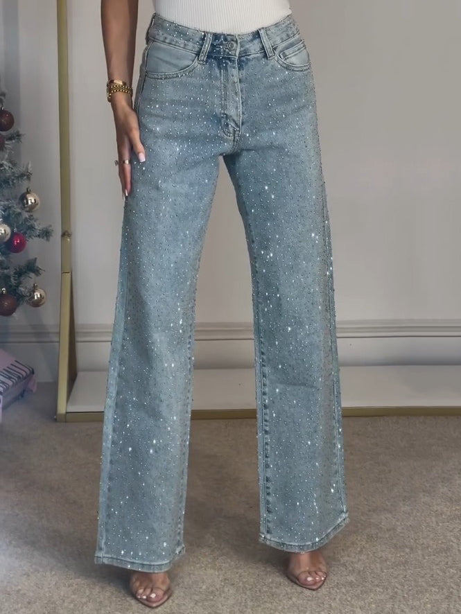 HighGlam™ / Hochtaillierte Diamanté-Jeans Mit Geradem Bein