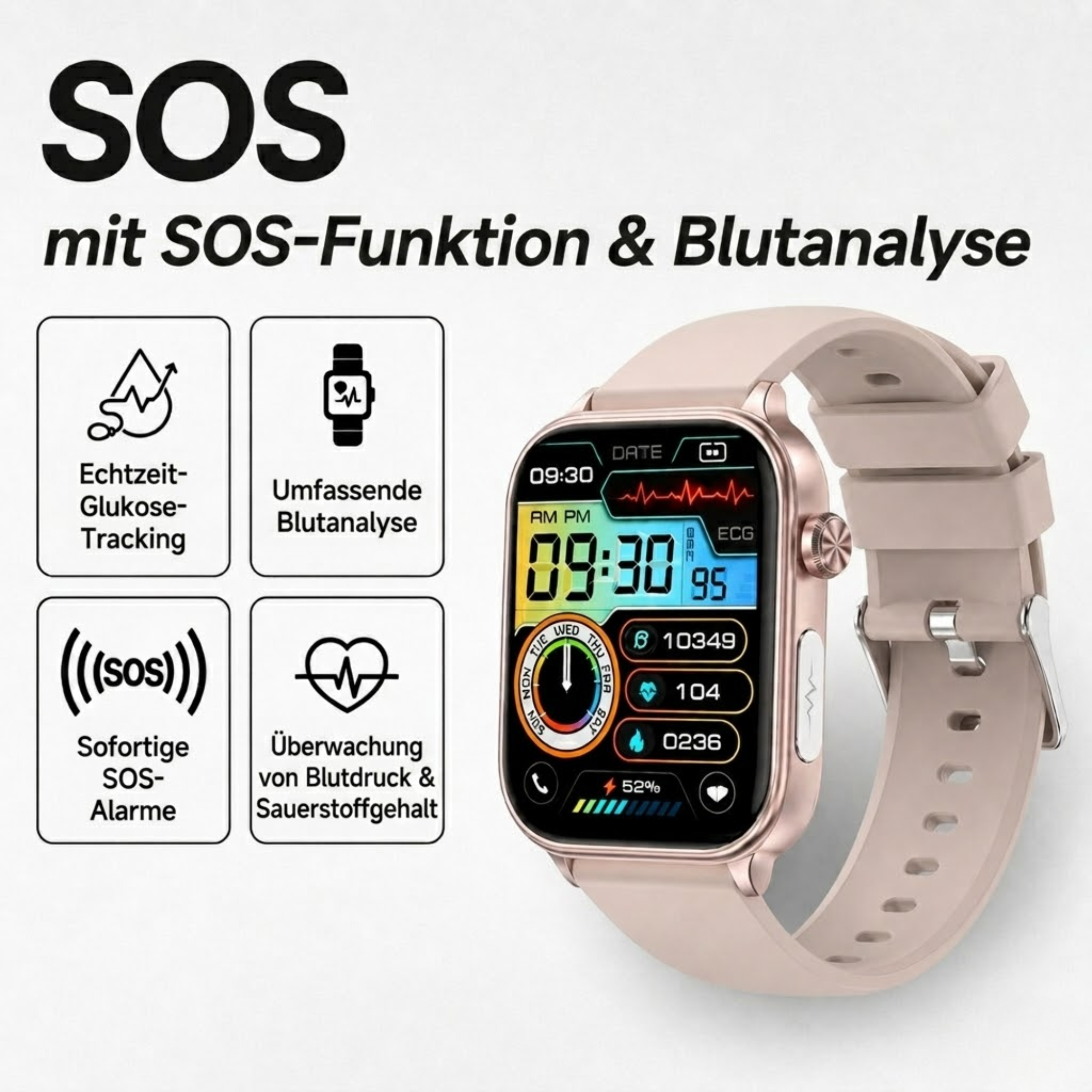 Smartwatch mit SOS-Notfallalarm und Sturzerkennung | Herzfrequenz-, Sauerstoff- und Aktivitätsmessung | Bluetooth und wasserdicht – ConnectPro