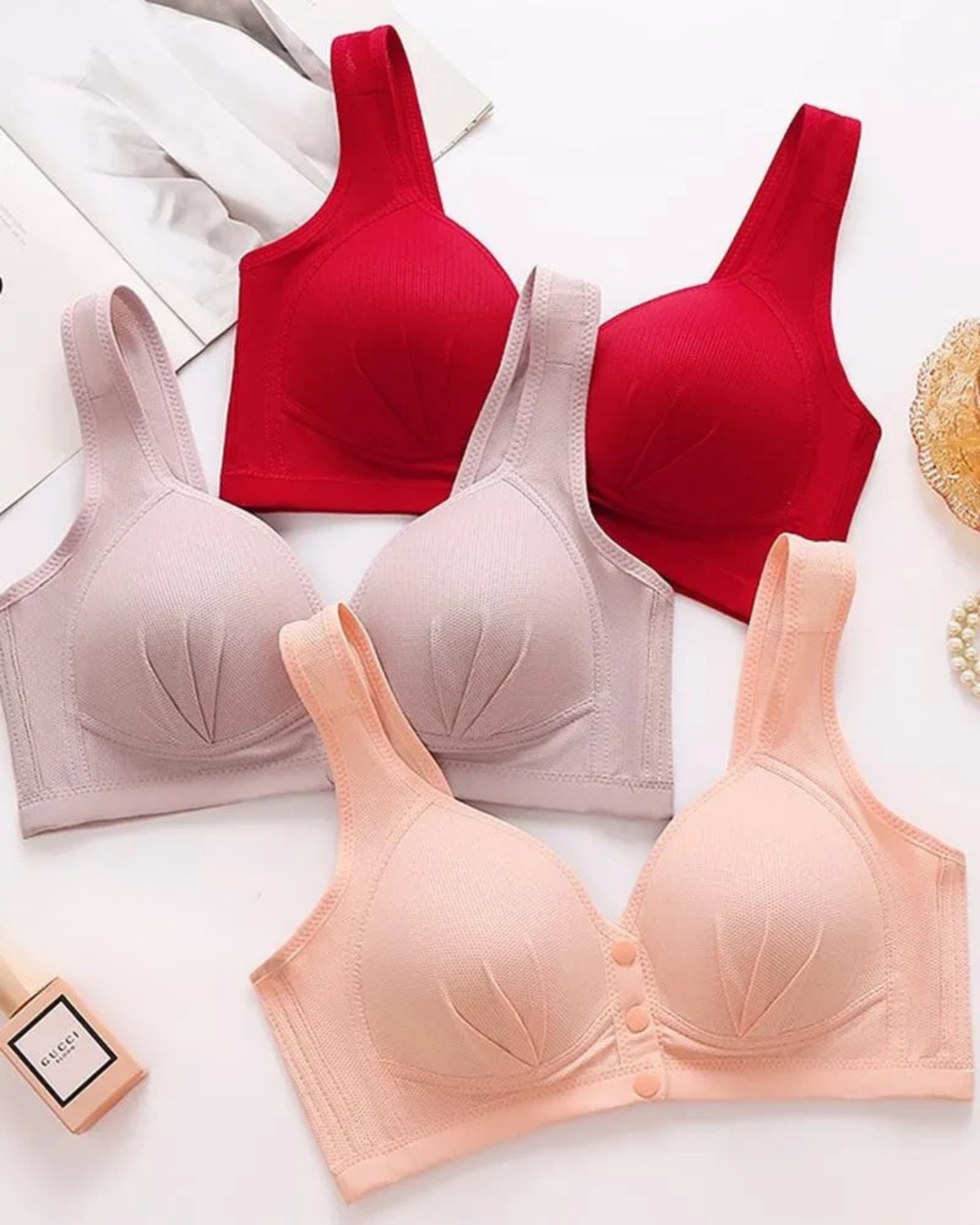 Majxx - Wireless Lifting Bra with Button Front and Ruched Push Up Design