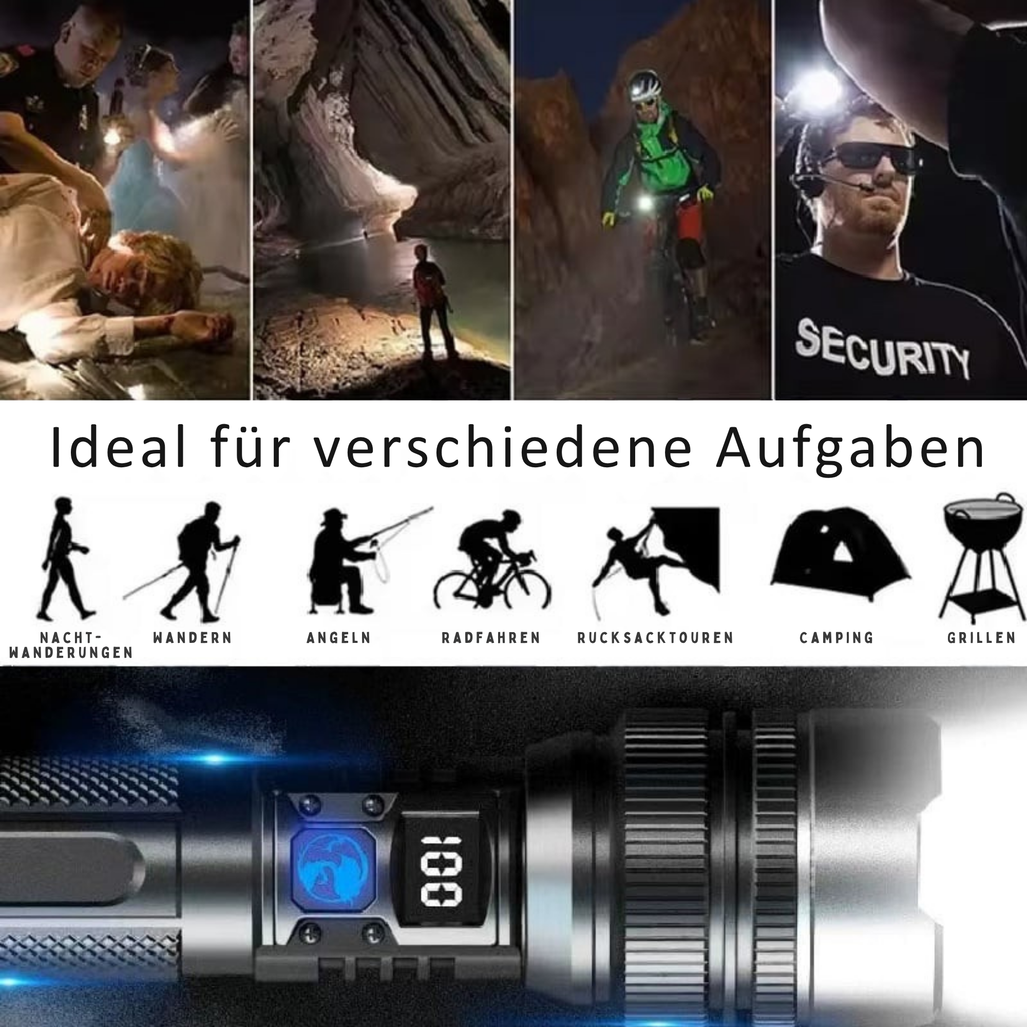 Thorsten – Extrem leistungsstarke LED-Taschenlampe, wasserdicht & stoßfest, mit Zoomfunktion und Powerbank