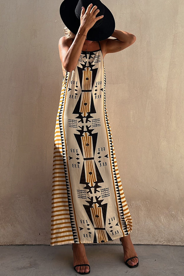 Isolde Boho Maxikleid mit Ethno-Print und Rückenfrei, A-Linie