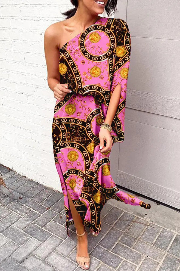 Natalie Bedrucktes One-Shoulder-Maxikleid mit Schlitz