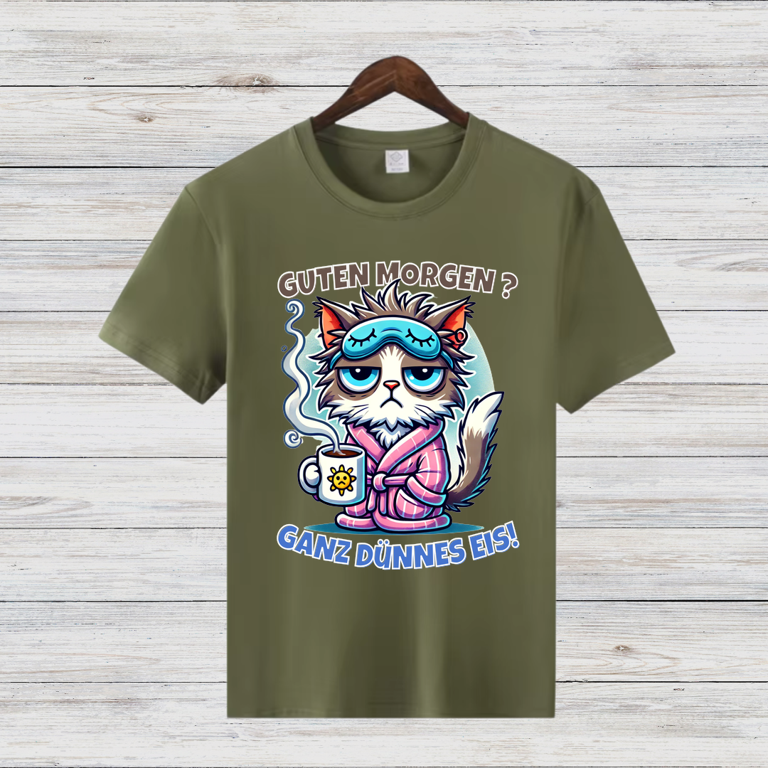 Guten Morgen Katze | Lustiges Statement Shirt | Humorvolles Design für Morgenmuffel | Damen T-Shirt für Wintertage