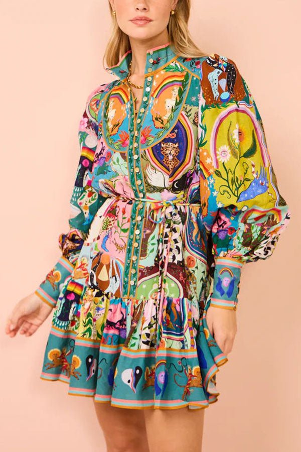 Annette Ballonärmel Hemdblusenkleid mit einzigartigem Print und Knöpfen – Mini-Länge, luxuriöser Stil - Sopheria