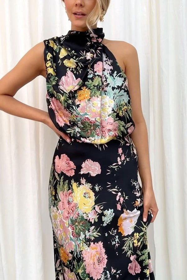 Friederike Blumenprint Maxikleid mit Neckholder und elastischer Taille
