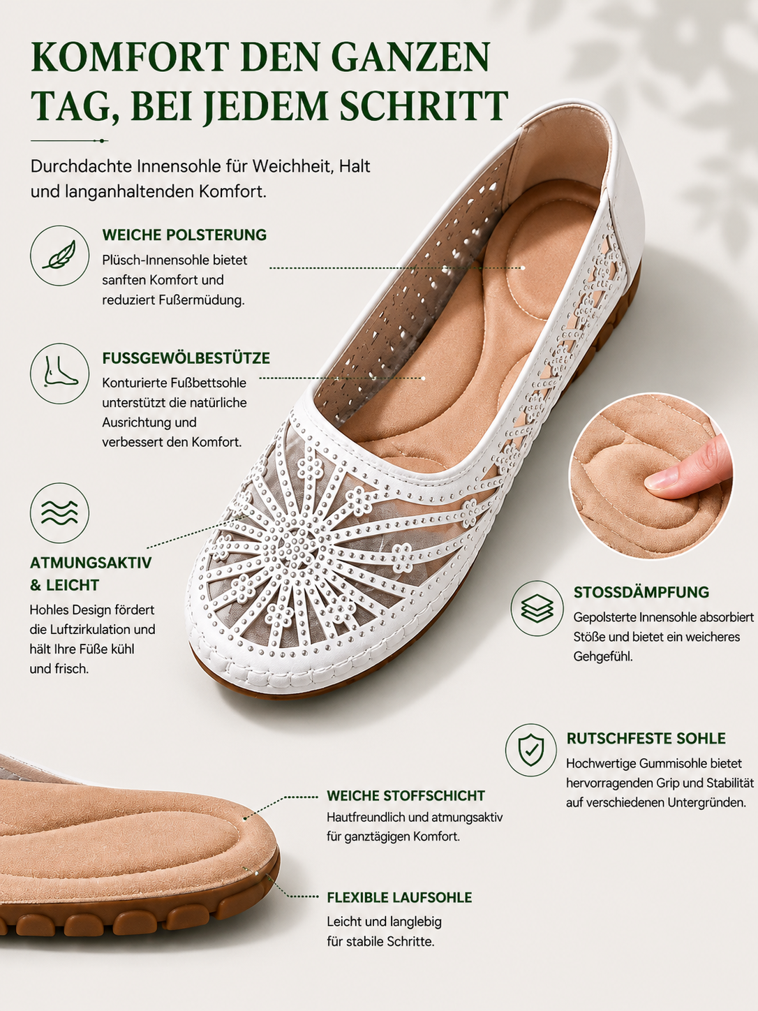 Damen Atmungsaktive Slip-On-Schuhe | Hollow-Out Komfort-Ballerinas mit Weicher Gepolsterter Innensohle, Leichter Flexibler Sohle & Rutschfestem Design für Gehen, Reisen & Alltag | Marivelle