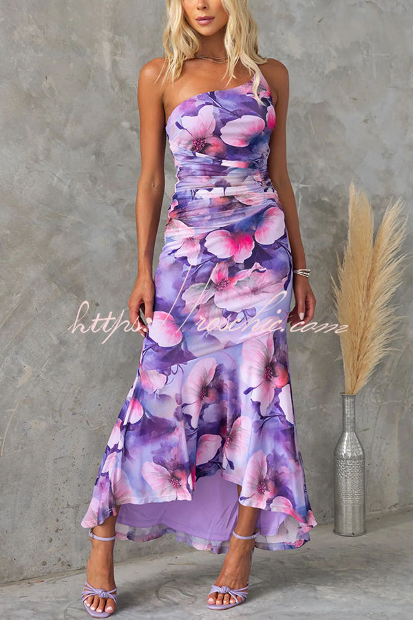 Friederike Asymmetrisches Maxikleid aus Netzstoff mit Blumenmuster und Raffung