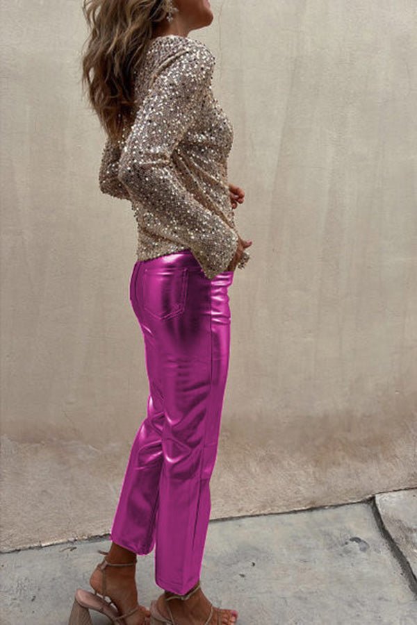 Elfriede Metallic-Bundfaltenhose aus Kunstleder mit hoher Taille und Taschen – Lieferung in 24h - Sopheria