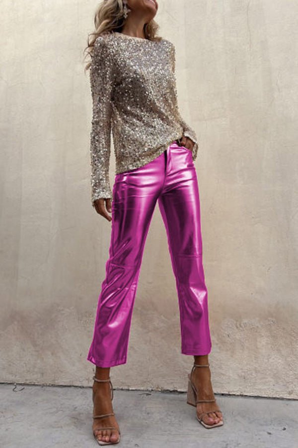 Elfriede Metallic-Bundfaltenhose aus Kunstleder mit hoher Taille und Taschen – Lieferung in 24h - Sopheria