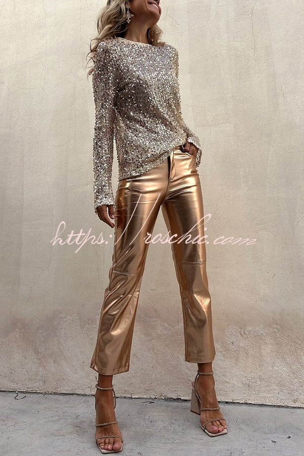 Elfriede Metallic-Bundfaltenhose aus Kunstleder mit hoher Taille und Taschen – Lieferung in 24h - Sopheria