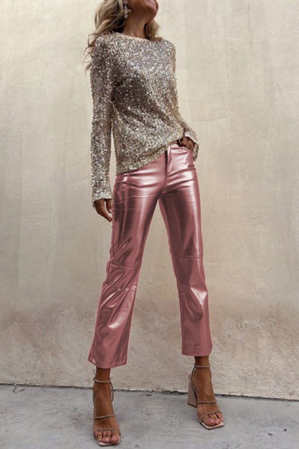 Elfriede Metallic-Bundfaltenhose aus Kunstleder mit hoher Taille und Taschen – Lieferung in 24h - Sopheria