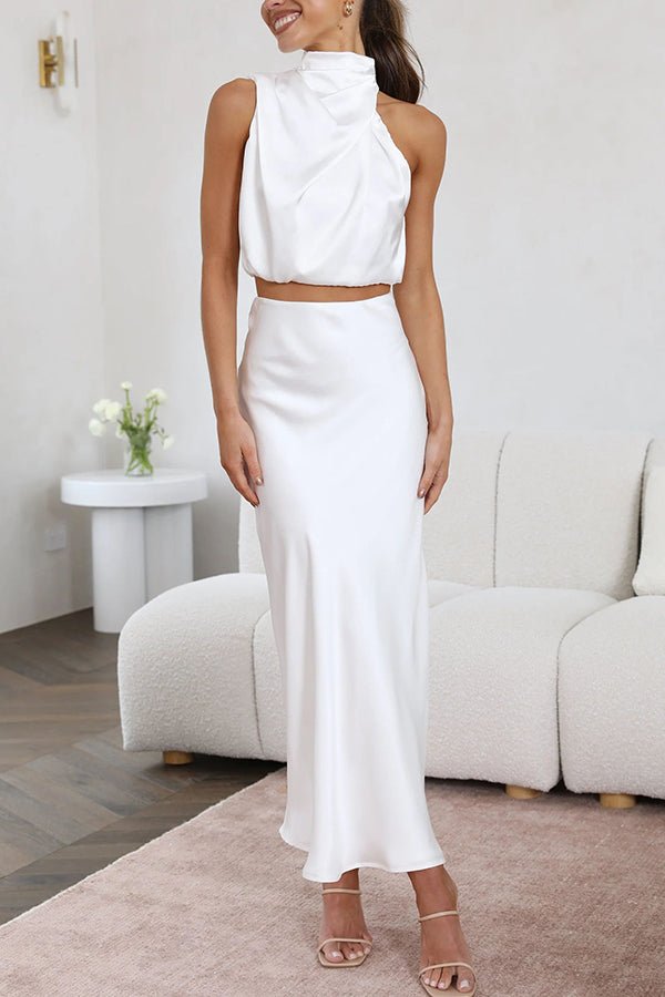 Franziska High-Neck Satin-Maxirock-Set mit Drapierung - Sopheria