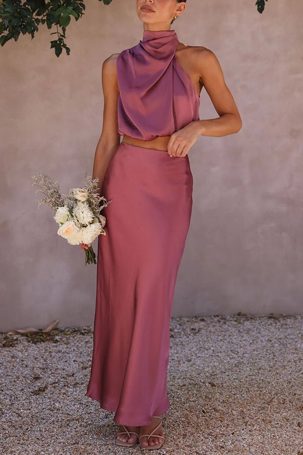 Franziska High-Neck Satin-Maxirock-Set mit Drapierung - Sopheria