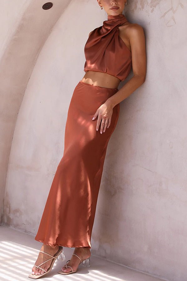 Franziska High-Neck Satin-Maxirock-Set mit Drapierung - Sopheria
