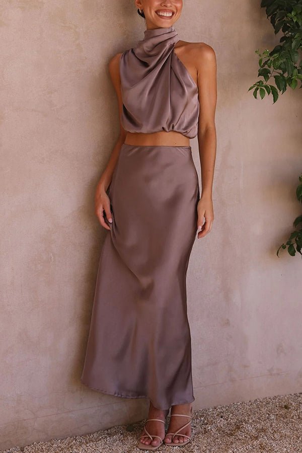 Franziska High-Neck Satin-Maxirock-Set mit Drapierung - Sopheria