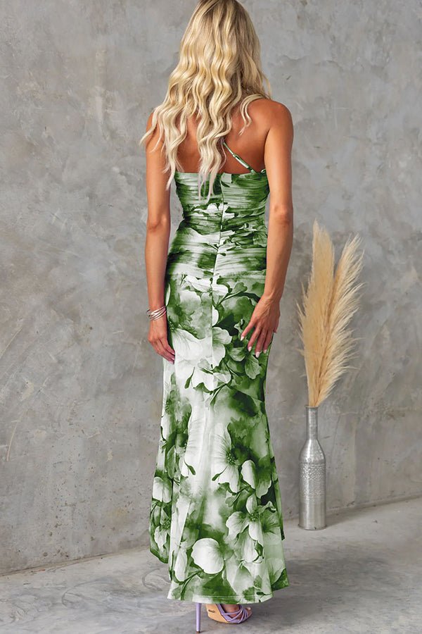 Friederike Asymmetrisches Maxikleid aus Netzstoff mit Blumenmuster und Raffung - Sopheria