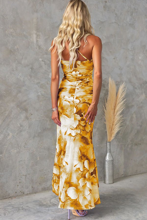 Friederike Asymmetrisches Maxikleid aus Netzstoff mit Blumenmuster und Raffung - Sopheria