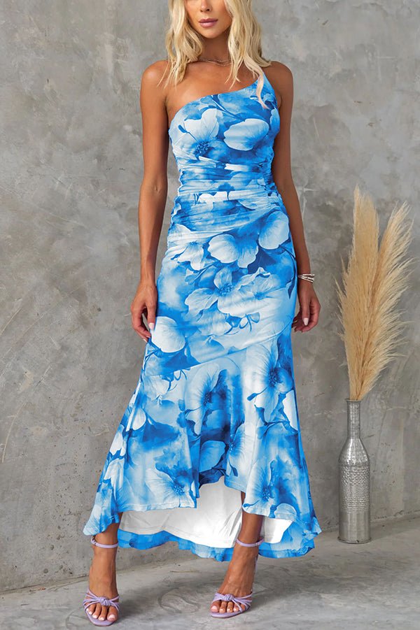 Friederike Asymmetrisches Maxikleid aus Netzstoff mit Blumenmuster und Raffung - Sopheria