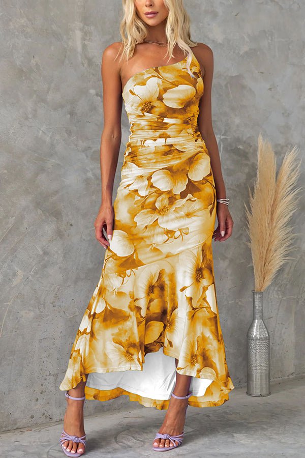 Friederike Asymmetrisches Maxikleid aus Netzstoff mit Blumenmuster und Raffung - Sopheria