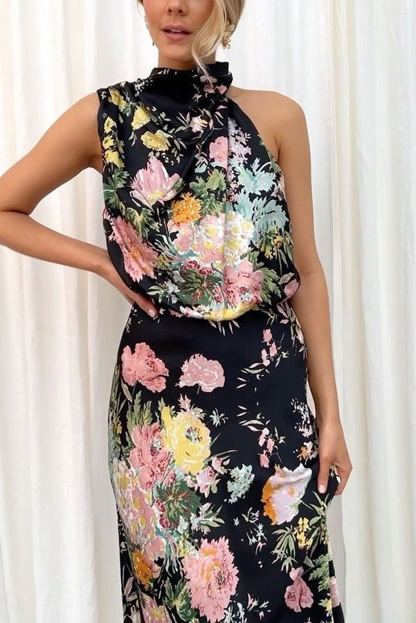 Friederike Blumenprint Maxikleid mit Neckholder und elastischer Taille - Sopheria