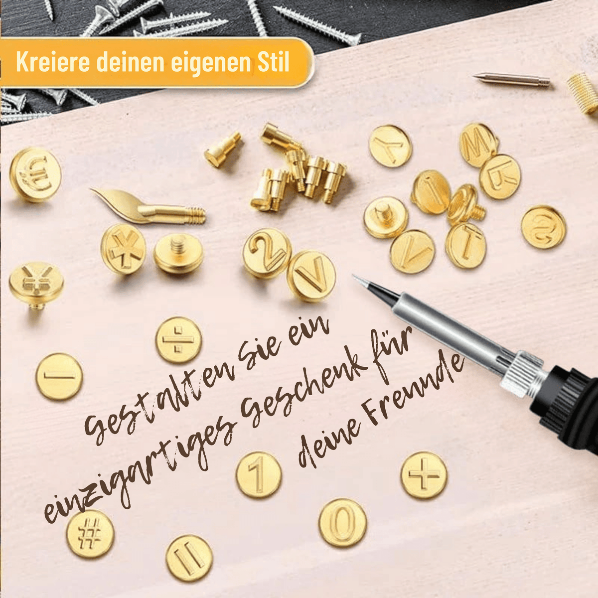 GravurGlanz™ / Kupferform für 26 Buchstaben – DIY-Set zum Brennen und Schnitzen von Holz - Sopheria