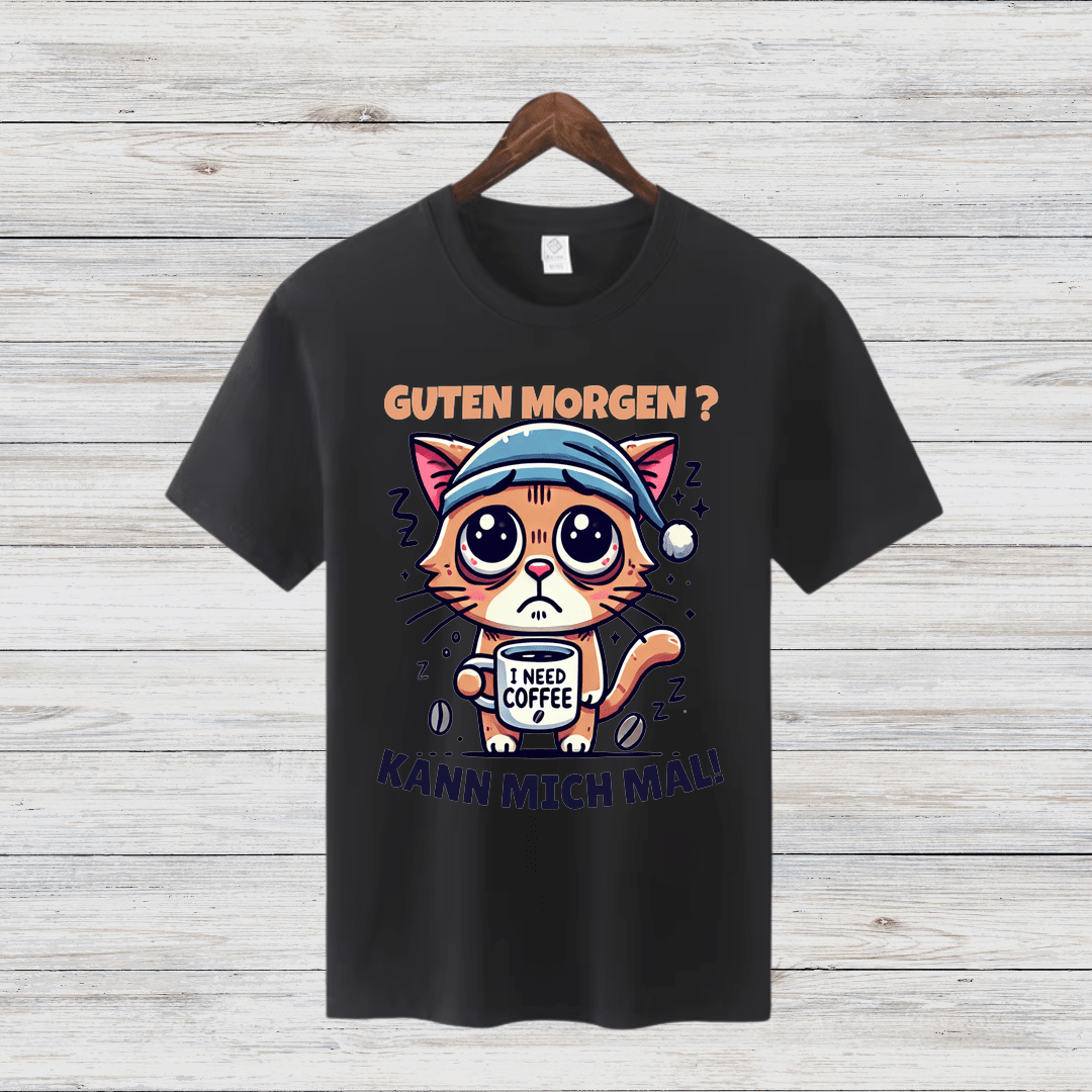 Guten Morgen Katze | Lustiges Kaffeeliebhaber-Shirt | Humorvolles Design für Wintertage | Statement-Shirt für Katzenfans - Sopheria