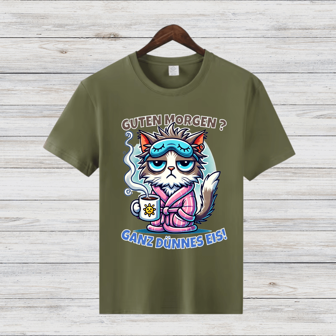 Guten Morgen Katze | Lustiges Statement Shirt | Humorvolles Design für Morgenmuffel | Damen T-Shirt für Wintertage - Sopheria