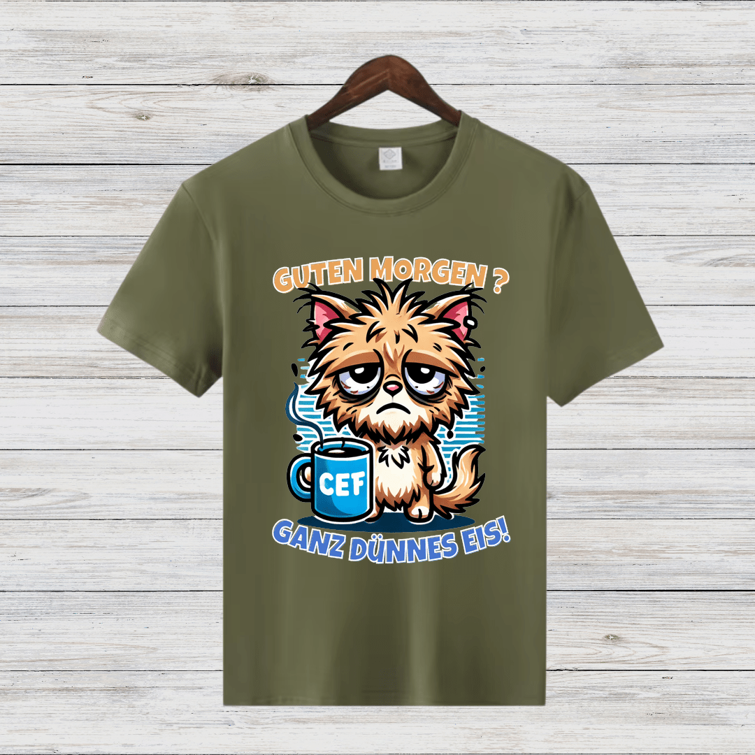 Guten Morgen Shirt | Lustiges Katzen T-Shirt | Humorvolles Statement für Morgenmuffel | Perfekt für kalte Wintertage - Sopheria