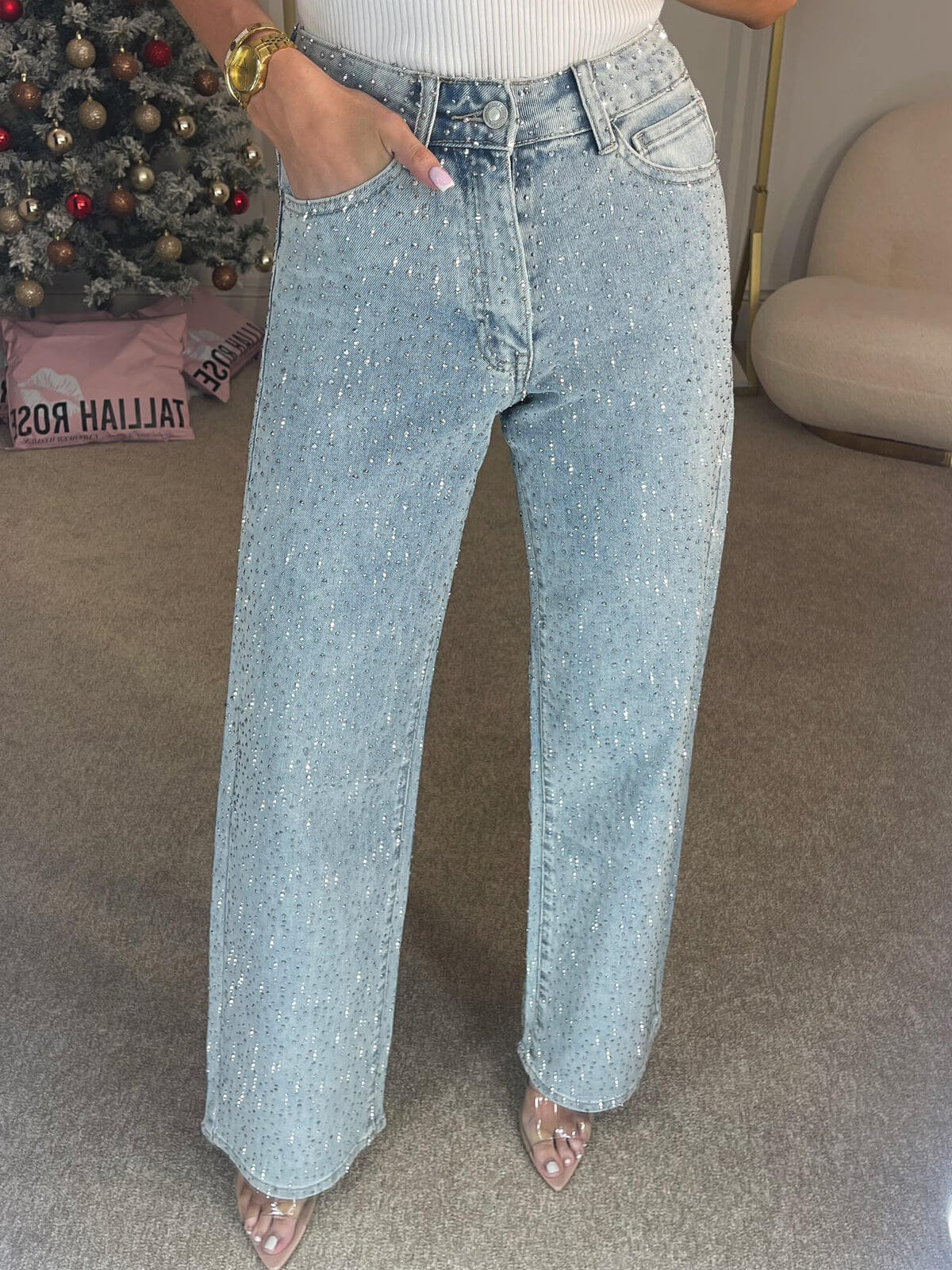 HighGlam™ / Hochtaillierte Diamanté-Jeans Mit Geradem Bein - Sopheria