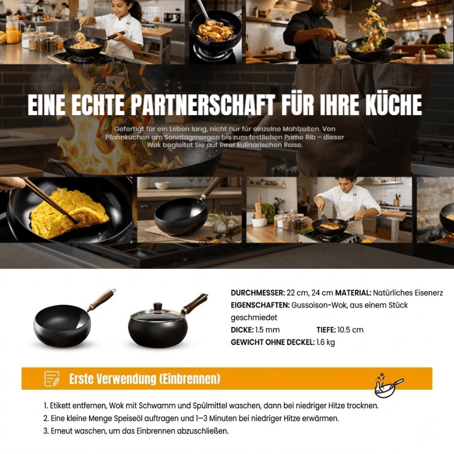 Ironova - 100% reiner Gusseisen-Wok, unbeschichtet und natürlich Antihaft - Sopheria
