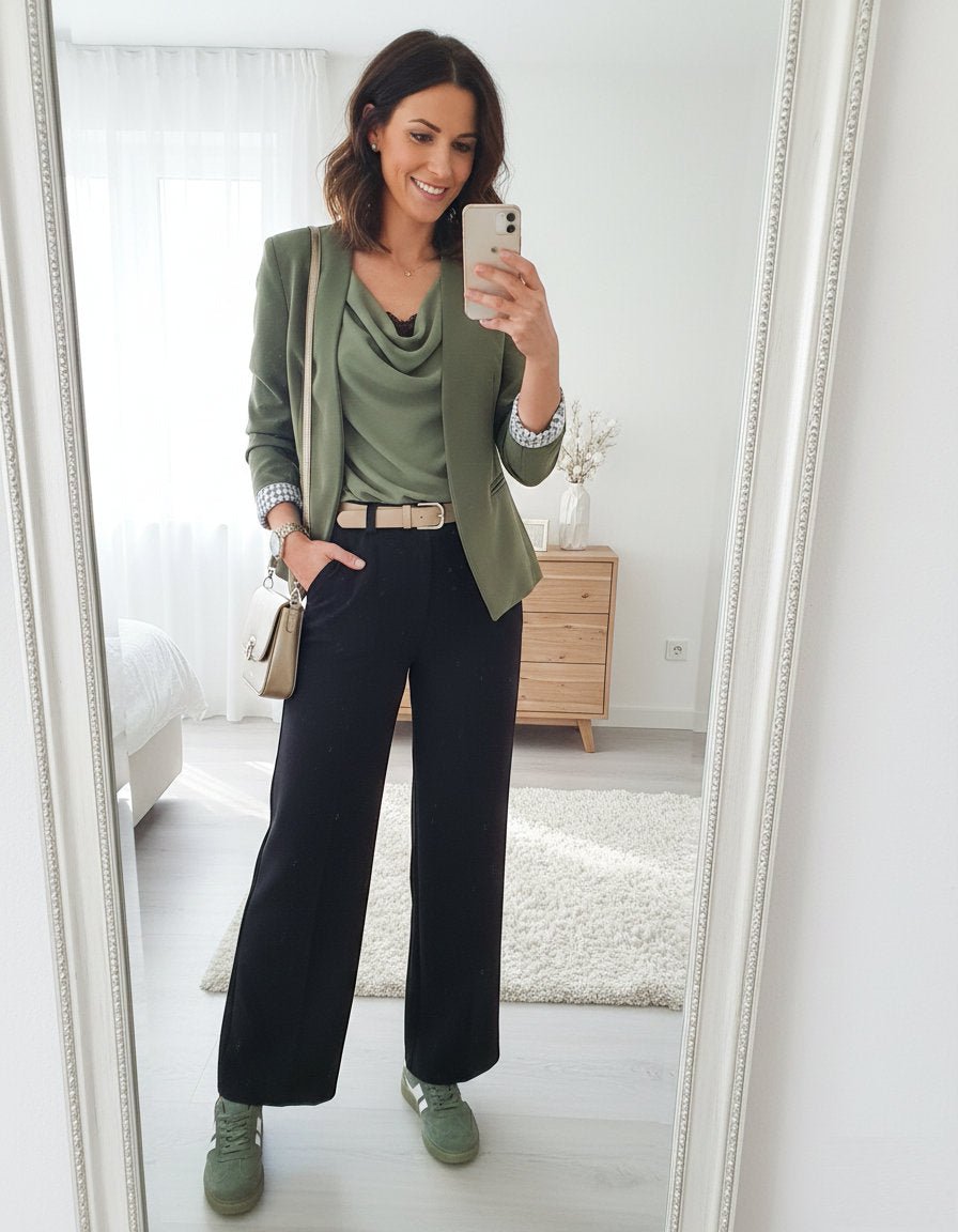 Khakinell – Komplettes Damen-Outfit mit Blazer, Top & Hose in Khaki-Schwarz - Sopheria