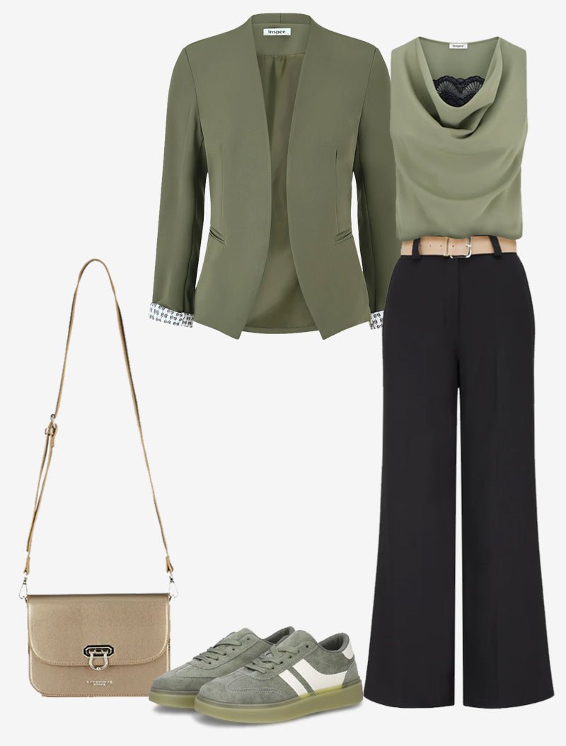 Khakinell – Komplettes Damen-Outfit mit Blazer, Top & Hose in Khaki-Schwarz - Sopheria