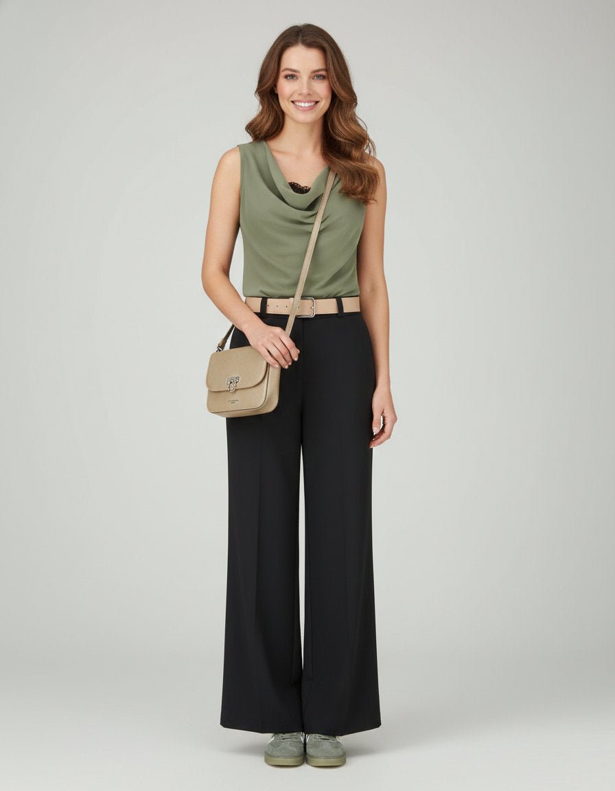 Khakinell – Komplettes Damen-Outfit mit Blazer, Top & Hose in Khaki-Schwarz - Sopheria