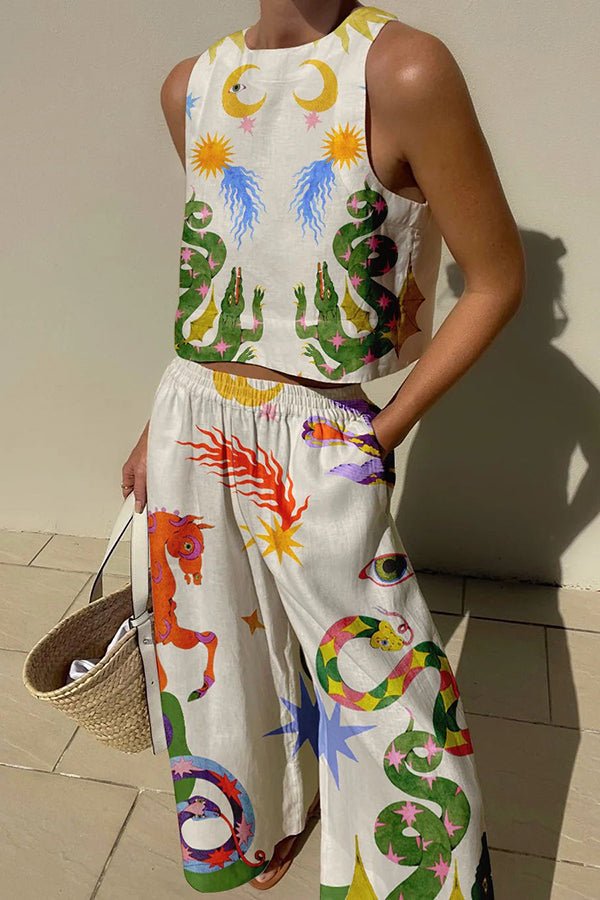 Mariele Leinenmix-Set mit einzigartigem Print: Ärmelloses Top und Hose mit Gummibund und Taschen - Sopheria
